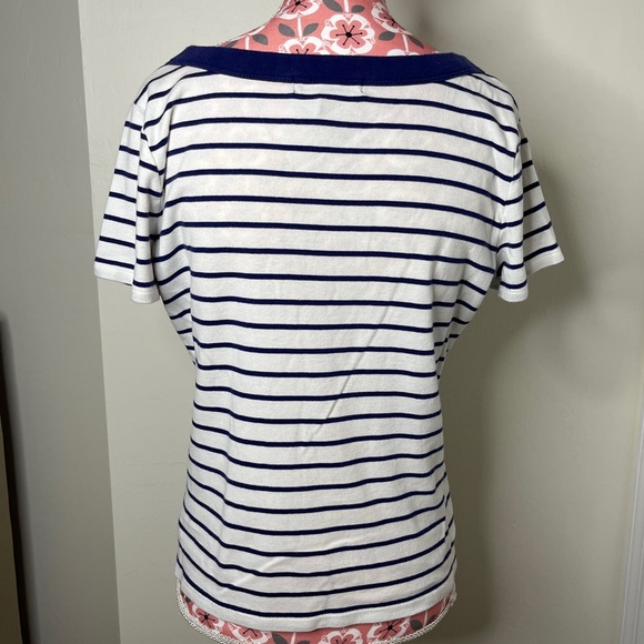 Lauren - Ralph Lauren Petite Medium Striped White/Navy Blue T-Shirt Size - Picture 4 of 7